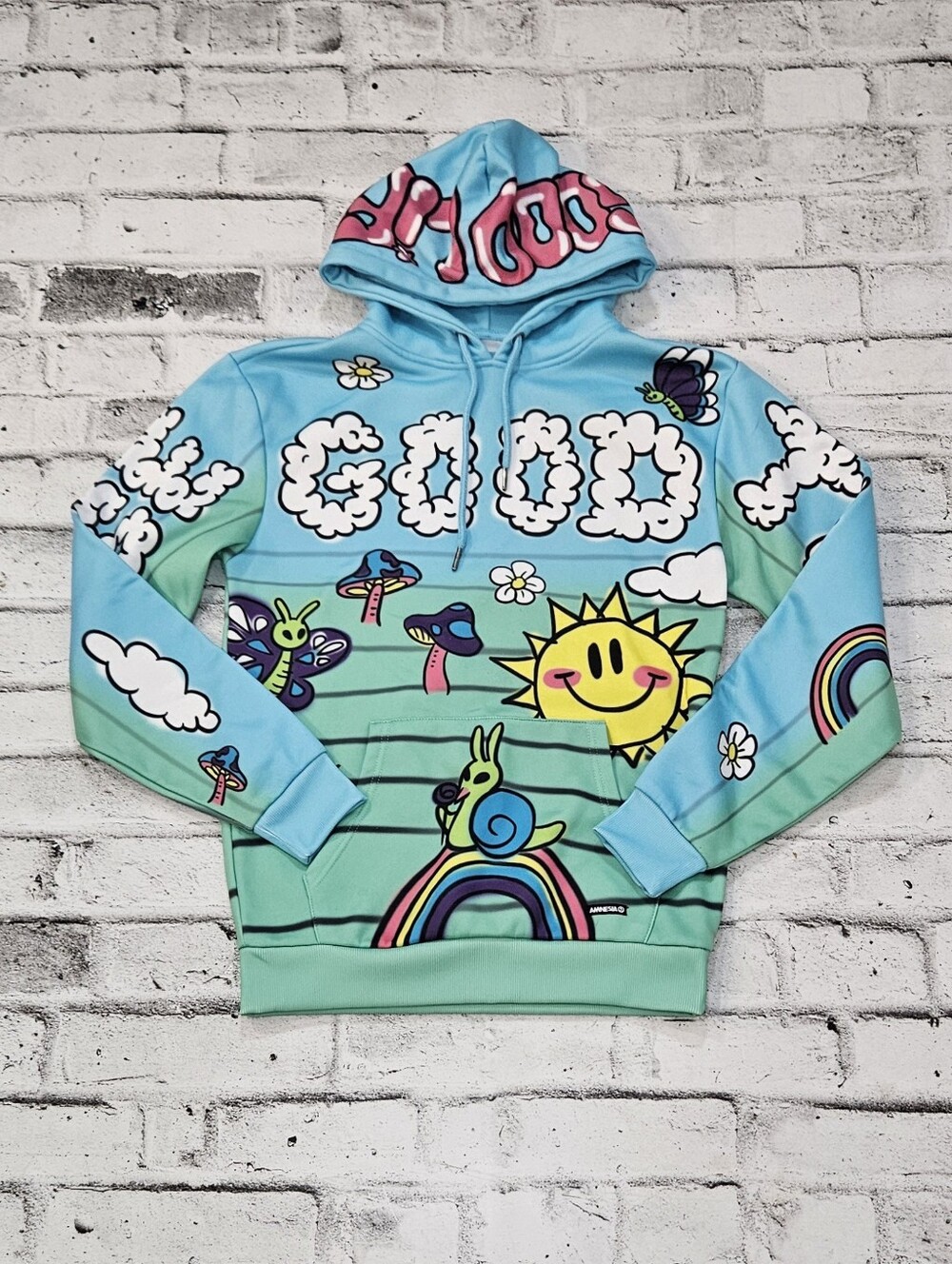 Amnesia Mens Graphic Hoodie Psychedelic Mushroom Rainbow Blue Size S